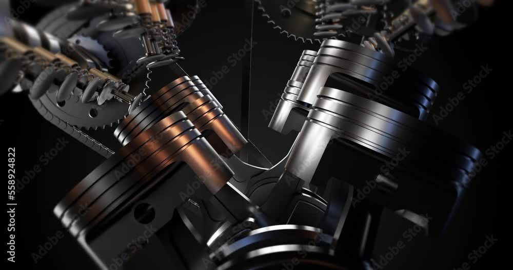 Poster Power hungry V8 engine accurately working. Injectors and pistons in motion. Camera moving around. Perfect loop.