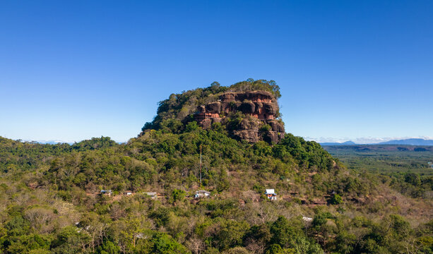 Phu Thok or Chetiyakiri Temple Beautiful mountain with rocky cliffs in Bueng Kan Province, Thailand. 