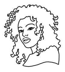 Beautiful young black woman smiling with white teeth. Model girl for beauty salon, hairdressing, cosmetic shop. Girl with long dark hair and big eyes. Hand drawn illustration. Cartoon style drawing.