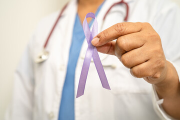 Asian woman doctor with purple ribbon, sign of Alzheimer disease day, Pancreatic cancer, Epilepsy,...