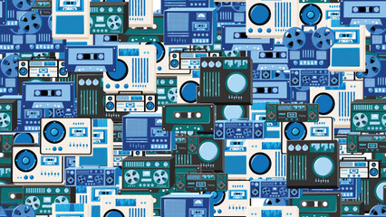 Seamless pattern endless with music audio tech electronics equipment old retro vintage hipster from 70s, 80s, 90s isolated on white background. Vector illustration