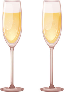 Cartoon glasses of champagne, carbonated drink in glasses isolated