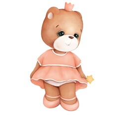 Cute watercolor baby bear in dress with star