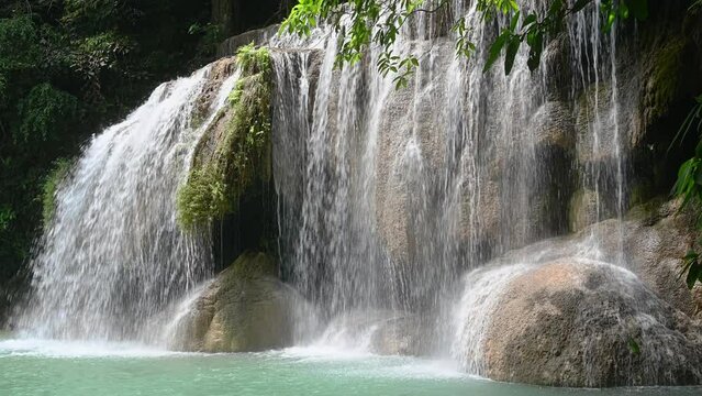 Landscape view of Erawan waterfall kanchanaburi thailand.Erawan National Park is home to one of the most popular falls in the thailand.second  floor of erawan waterfall &ldquo;Wang Macha&rdquo;