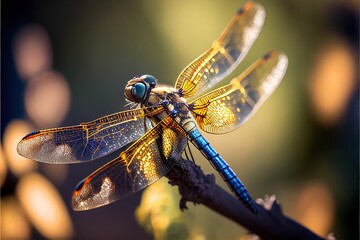 Dragonfly on branch. Close-up dragonfly on branch. Generative AI - obrazy, fototapety, plakaty