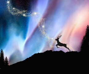 Obraz na płótnie Canvas Bautiful aurora stars with silhouette forest and deer