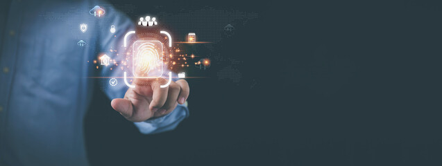 Fingerprint scan provides security access with biometrics identification. Technology protection, security data personal concepts. Businessman fingerprint scan provides security.