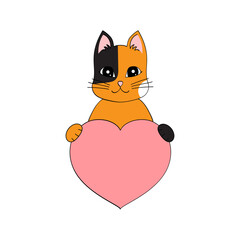 Cute cartoon cat holding a heart in his paws. Valentine's Day greeting card with space for text. Design for invitation, card, flyer, brochure, banner. Little pets in love. A declaration of love