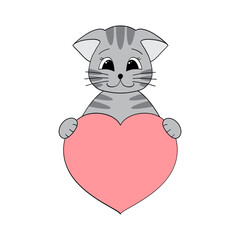 Cute cartoon cat holding a heart in his paws. Valentine's Day greeting card with space for text. Design for invitation, card, flyer, brochure, banner. Little pets in love. A declaration of love
