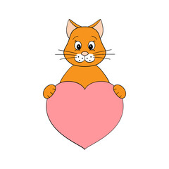 Cute cartoon cat holding a heart in his paws. Valentine's Day greeting card with space for text. Design for invitation, card, flyer, brochure, banner. Little pets in love. A declaration of love