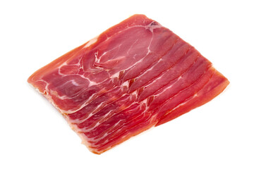 Italian prosciutto crudo or spanish jamon. Jerked meat, isolated on white background.