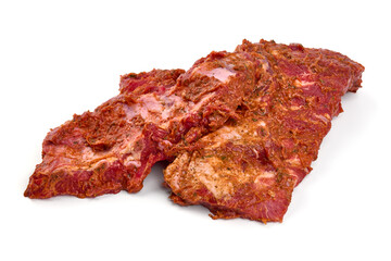 Spicy marinated ribs, BBQ, meat for grill, isolated on white background.