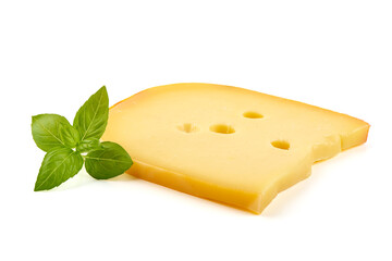 Hard Dutch gouda cheese, close-up, isolated on white background.
