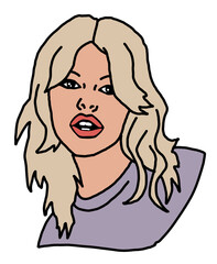 Beautiful young woman looking serious. Model blond girl for beauty salon, hairdressing, cosmetic shop. Girl with long blond hair and big eyes. Hand drawn illustration. Comic cartoon style drawing.