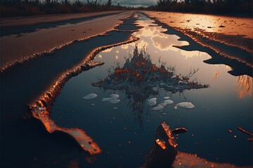 a reflection of a small island in a puddle of water at sunset or sunrise or sunset.