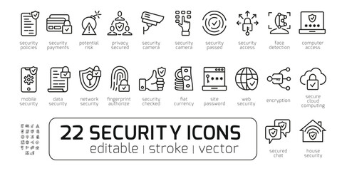 Simple Set icons of cyber security, network technology, digital marketing, isolated vector illustration, line icons, single line, isolated on white background. Editable Stroke. 48x48 Pixel 