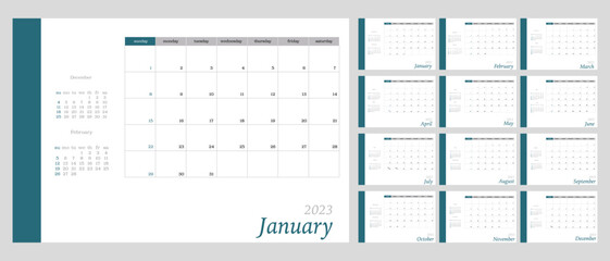 Vector calendar for 2023 and 2024. The week starts on Sunday. Wall calendar in a minimalist style on a light gray background. In green color.