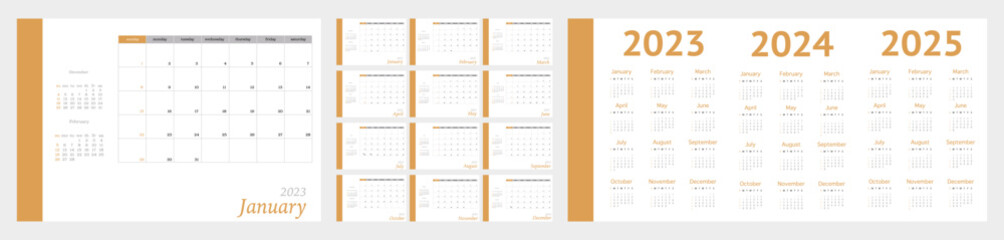 Vector calendar for 2023, 2024, 2025. Diary-planner in a minimalist style. Corporate and business calendar. 2023 calendar in minimal table and mustard event planner, week starts on sunday.