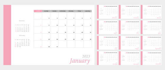Calendar for 2023. The week starts on Sunday. In a minimalist style on a gray background. In pink colors.