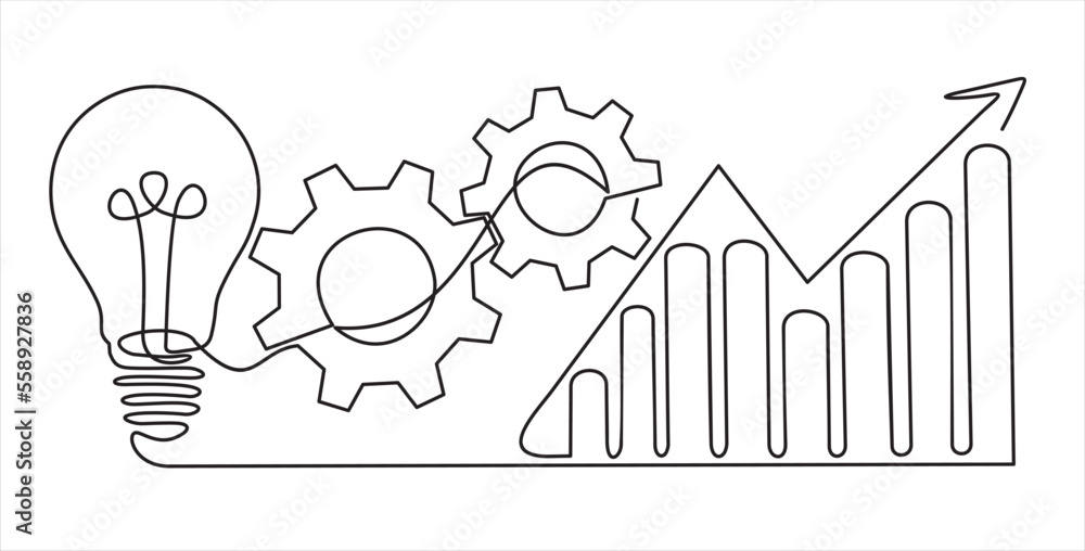 Poster continuous line drawing of gears, lights idea and graph.continuous line drawing. startup business. v