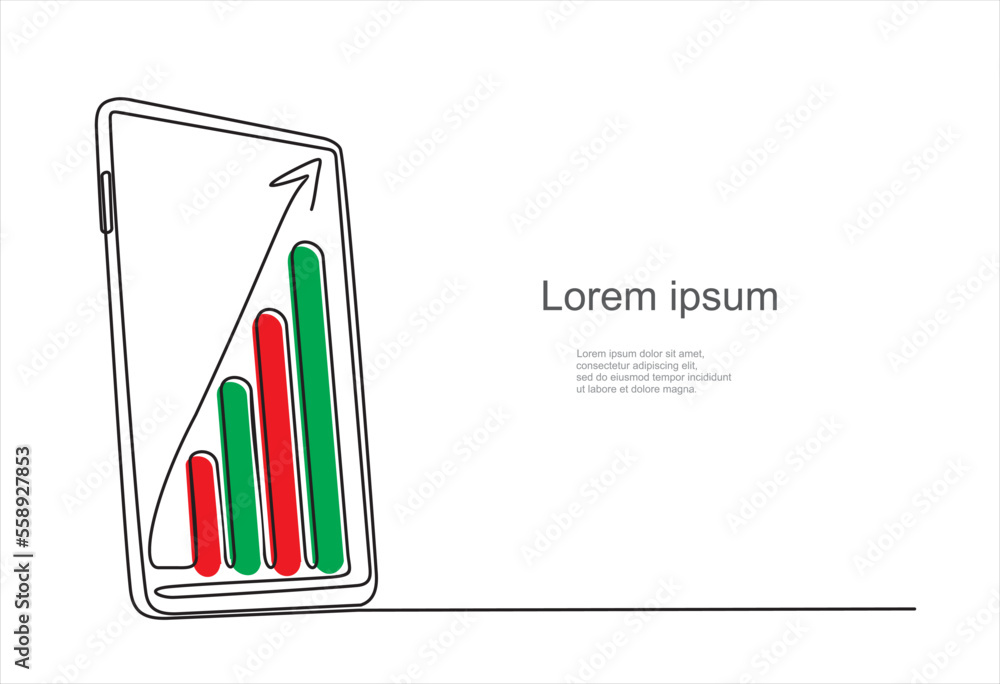 Aufkleber continuous one line drawing of smartphone with graph on screen isolated on white background. investm