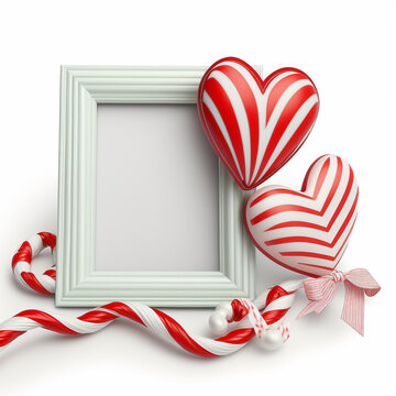 picture frame with two hearts and a candy cane, Generative AI	