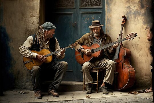 two men sitting on a chair playing guitars in front of a building with a blue door and a blue door behind them.