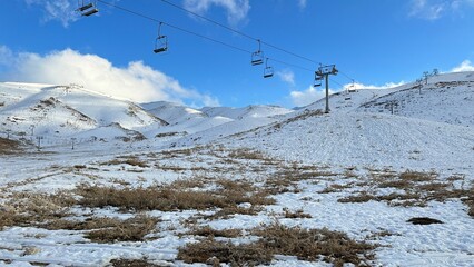 ski resort in the mountains. Ski slopes landscape. Snow melting