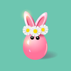 Pink Easter Bunny in daisies wreath. 3D object for Easter design