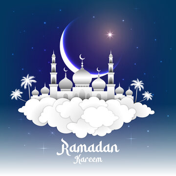 Ramadan Kareem greeting card with mosque minarets, crescent moon, twinkling star, palm trees and clouds in the night sky.