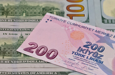 Images of banknotes of various countries. US dollar and Turkish lira photos.
