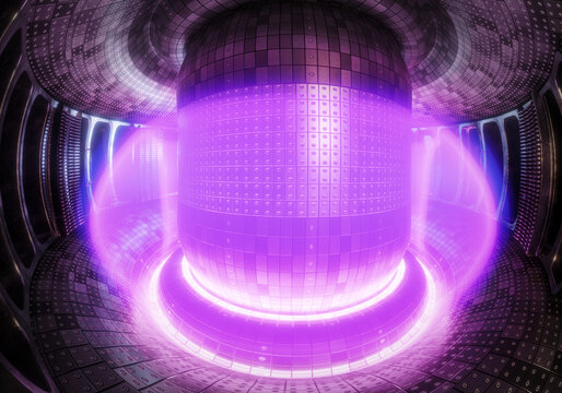 Fusion reactor. Toroidal chamber with a magnetic coil. device for carrying out a controlled thermonuclear reaction. Plasma emission around