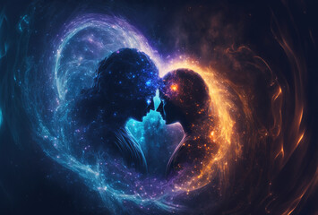 Cosmic love. Beautiful illustration, two silhouettes surrounded by particles and radiance