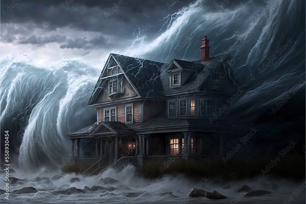 Wall mural a house in the middle of a large wave in the ocean with a lighthouse on top of it and a lighthouse o