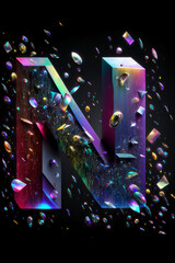 Floating capital letter N with holographic gradient, and confetti, purple, black background, generative ai 