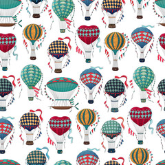 Vintage hot air balloon pattern. Different balloon aerostat print. Color air balloons texture. Large bag filled with hot gas and basket.
Flying transport. Hand drawn vintage style flight airship. Аir