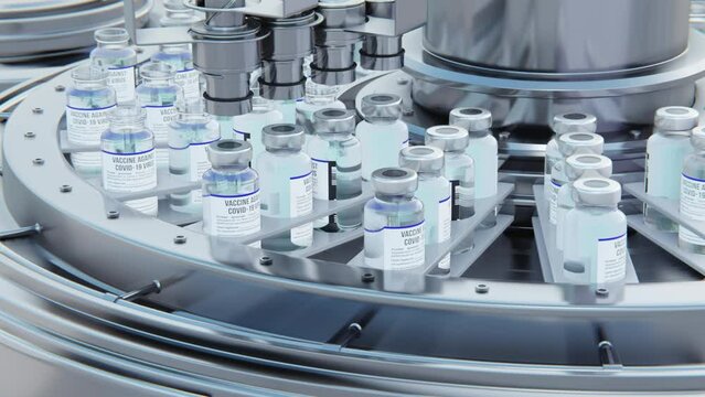 Close up. Covid-19 vaccine manufacturing, machine puts caps on bottles vials passing on conveyor belt. Clear blue liquid.
Pharmaceutical company production line. 4K Looping 3d footage rendering.