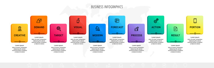 Vector rectangle infographic with 10 steps. Modern concept graphic process template with ten symbols, icons. Sketch timeline for the business project