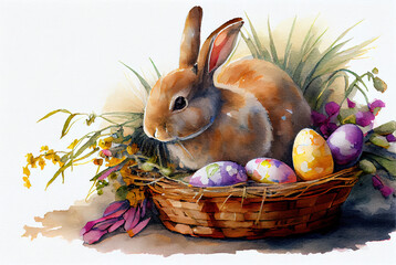 Watercolor illustration of realistic bunny sitting in basket with colored eggs and flowers as Easter bunny generative AI art	