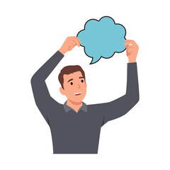Speech bubble, advertising, communication concept. Young happy smiling man holding thought bubble. Flat vector illustration isolated on white background