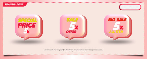 bundle  of vector  bubble speech number 5% for  banner sale discount, transparent element promo, red, yellow, white, easy to edit color