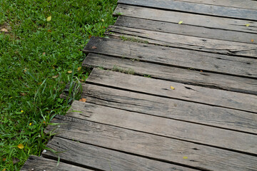 Fototapeta na wymiar Garden wooden path with green grass background, copyspace.