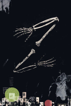 Bones of two human hands. Abstract poster, non-standard background for the design layout.