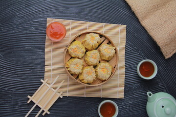 siomay dimsum filled with prawns, chicken, spring onions, top view angle