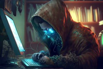 nerd at his pc turns into a cyber robot generative ai