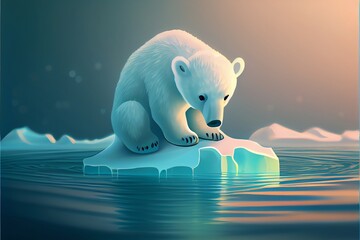 Adorable polar bear cub clinging to a melting ice block in a cold sea. Generative AI
