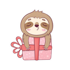 Cute sloth Kawaii character holding gift box for Valentine's Day