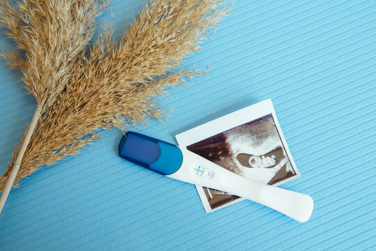 Positive pregnancy test with two strips with ultrasound picture of the embryo. Blue color background. Positive result. Close-up