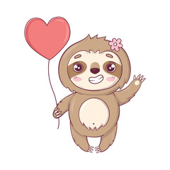 Cute sloth Kawaii character holding a heart shaped balloon for Valentine's Day