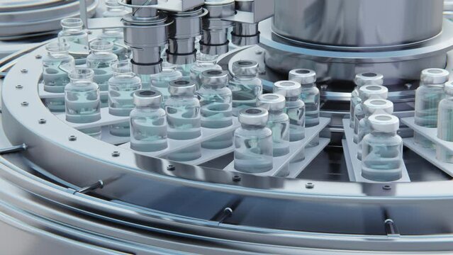 Close up. Vaccine manufacturing, machine puts caps on bottles vials passing on conveyor belt. Clear blue liquid.
Pharmaceutical company production line. 4K Looping 3d footage rendering.